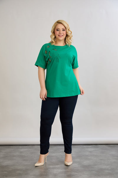Bluza marime mare din bumbac cu broderie - verde