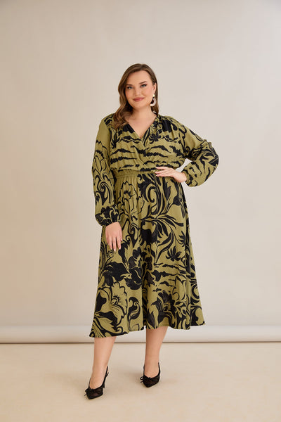 Rochie marime mare din viscoza imprimata cu decolteu in V - 10679