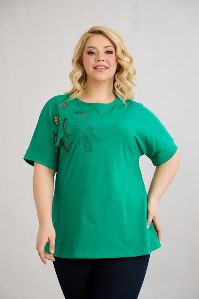Bluza marime mare din bumbac cu broderie - verde