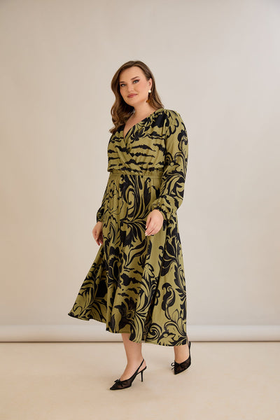 Rochie marime mare din viscoza imprimata cu decolteu in V - 10679