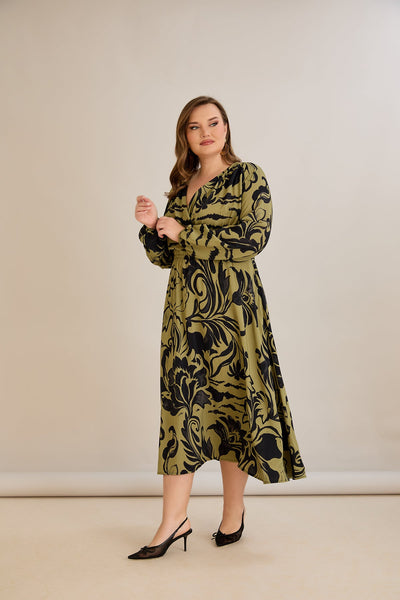 Rochie marime mare din viscoza imprimata cu decolteu in V - 10679