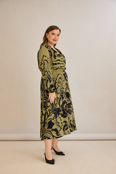Rochie marime mare din viscoza imprimata cu decolteu in V - 10679
