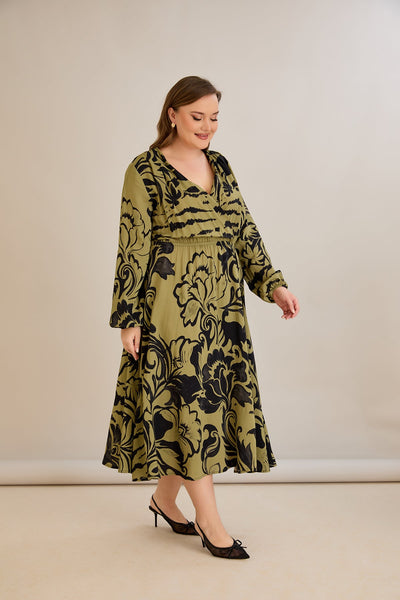 Rochie marime mare din viscoza imprimata cu decolteu in V - 10679