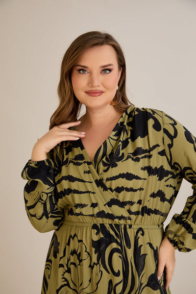 Rochie marime mare din viscoza imprimata cu decolteu in V - 10679