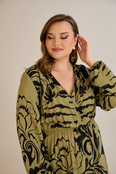 Rochie marime mare din viscoza imprimata cu decolteu in V - 10679