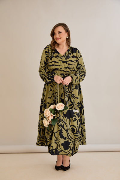 Rochie marime mare din viscoza imprimata cu decolteu in V - 10679