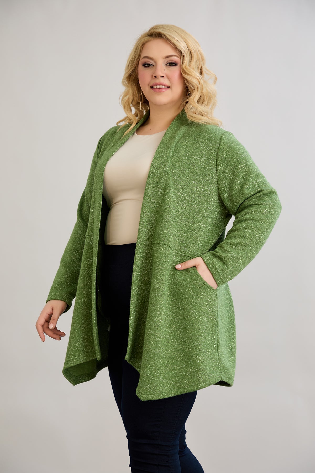 Cardigan marime mare din viscoza lame - verde