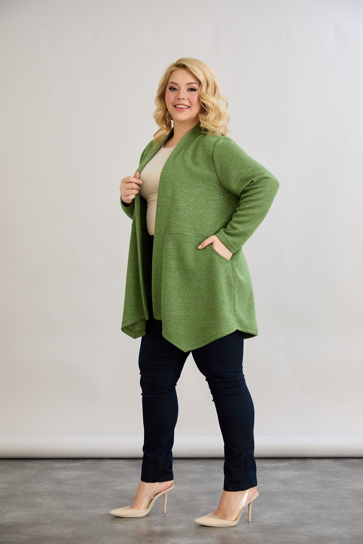 Cardigan marime mare din viscoza lame - verde