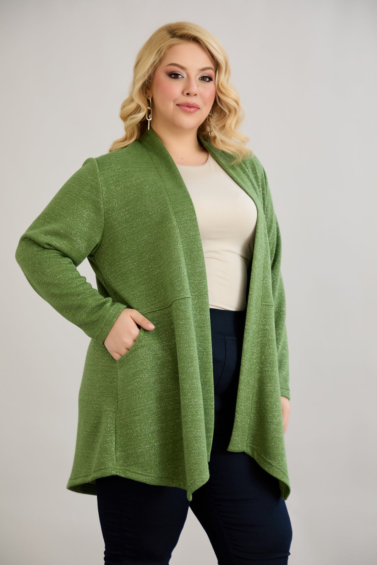 Cardigan marime mare din viscoza lame - verde