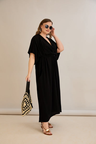 Rochie lunga marime mare din viscoza cu buzunare si decolteu in V - negru - 10307