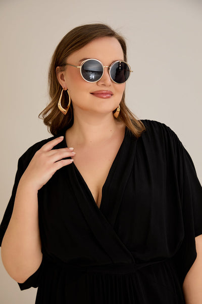 Rochie lunga marime mare din viscoza cu buzunare si decolteu in V - negru - 10307