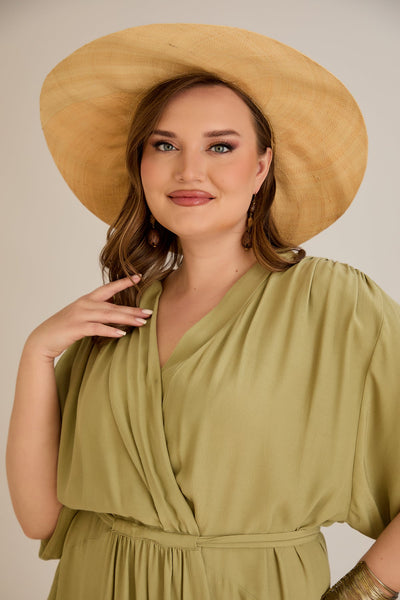 Rochie lunga marime mare din viscoza cu buzunare si decolteu in V - verde - 10307