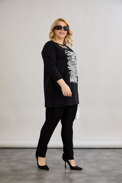 Tunica marime mare din bumbac cu decolteu si pietricele atractive - negru
