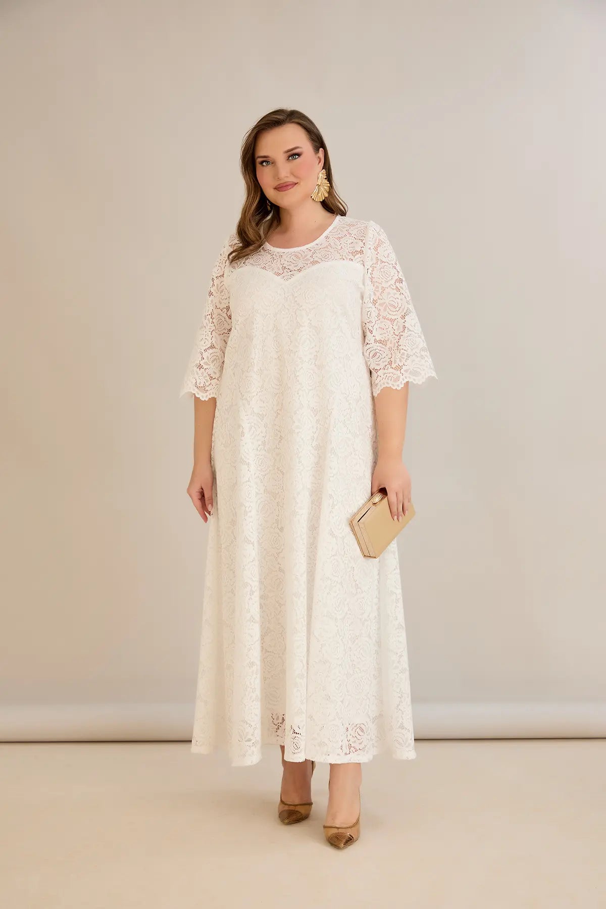 Rochie marime mare de mireasa lunga din dantela linie A