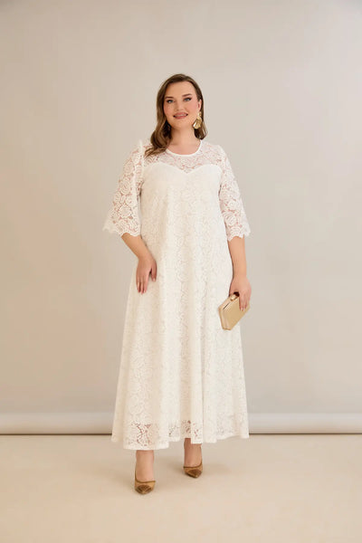 Rochie marime mare de mireasa lunga din dantela linie A