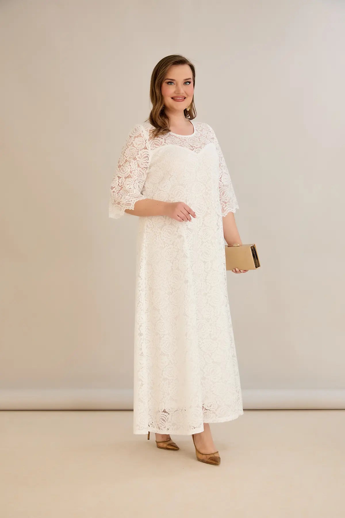 Rochie marime mare de mireasa lunga din dantela linie A