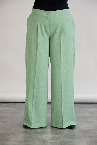 Pantaloni largi marime mare cu talie elastica din in si bumbac - verde