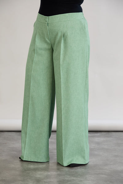 Pantaloni largi marime mare cu talie elastica din in si bumbac - verde