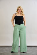 Pantaloni largi marime mare cu talie elastica din in si bumbac - verde