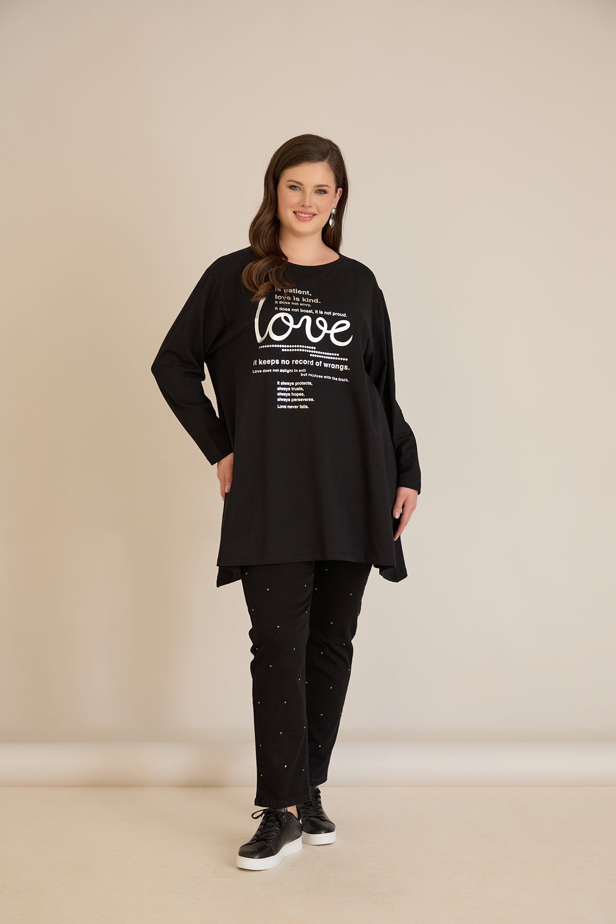 Tunica marime mare din bumbac cu imprimeu argintiu Love