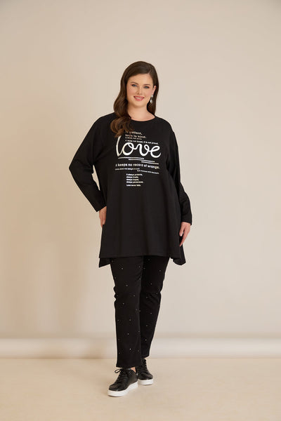 Tunica marime mare din bumbac cu imprimeu argintiu Love
