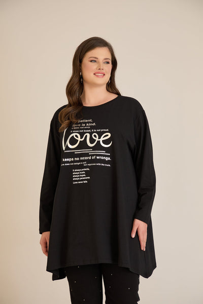 Tunica marime mare din bumbac cu imprimeu argintiu Love