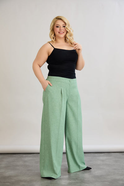 Pantaloni largi marime mare cu talie elastica din in si bumbac - verde