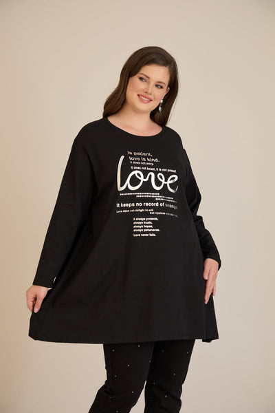 Tunica marime mare din bumbac cu imprimeu argintiu Love