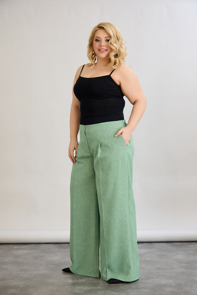 Pantaloni largi marime mare cu talie elastica din in si bumbac - verde