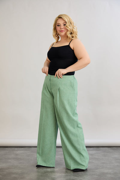 Pantaloni largi marime mare cu talie elastica din in si bumbac - verde