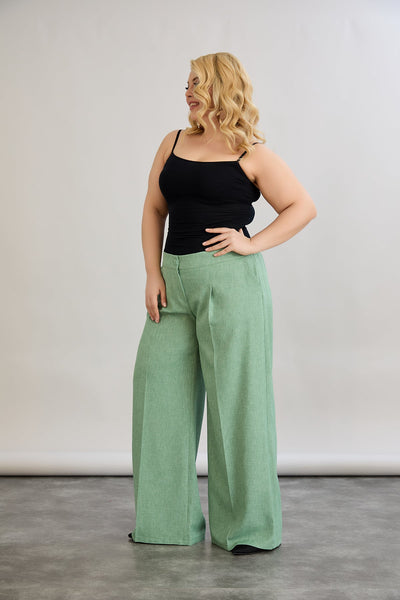 Pantaloni largi marime mare cu talie elastica din in si bumbac - verde
