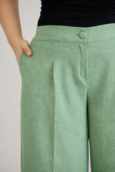 Pantaloni largi marime mare cu talie elastica din in si bumbac - verde