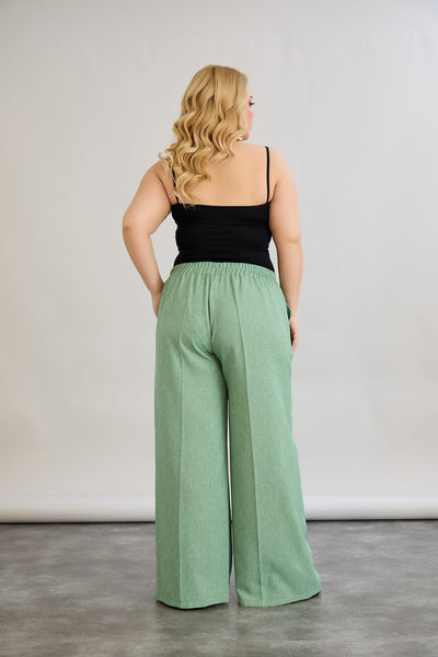 Pantaloni largi marime mare cu talie elastica din in si bumbac - verde