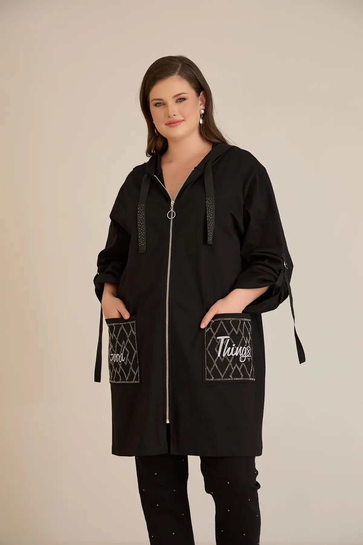 Blazer marime mare din bumbac cu gluga si buzunare Good Things