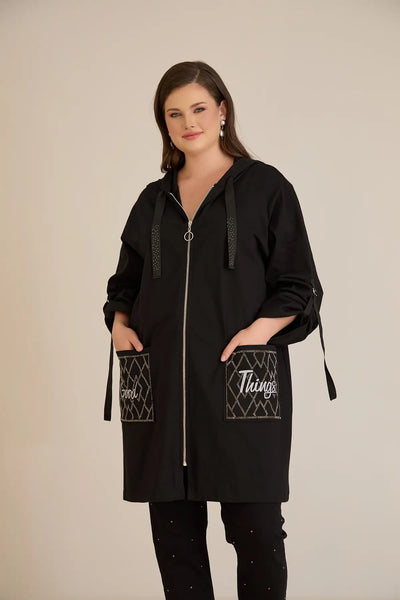 Blazer marime mare din bumbac cu gluga si buzunare Good Things