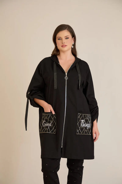 Blazer marime mare din bumbac cu gluga si buzunare Good Things