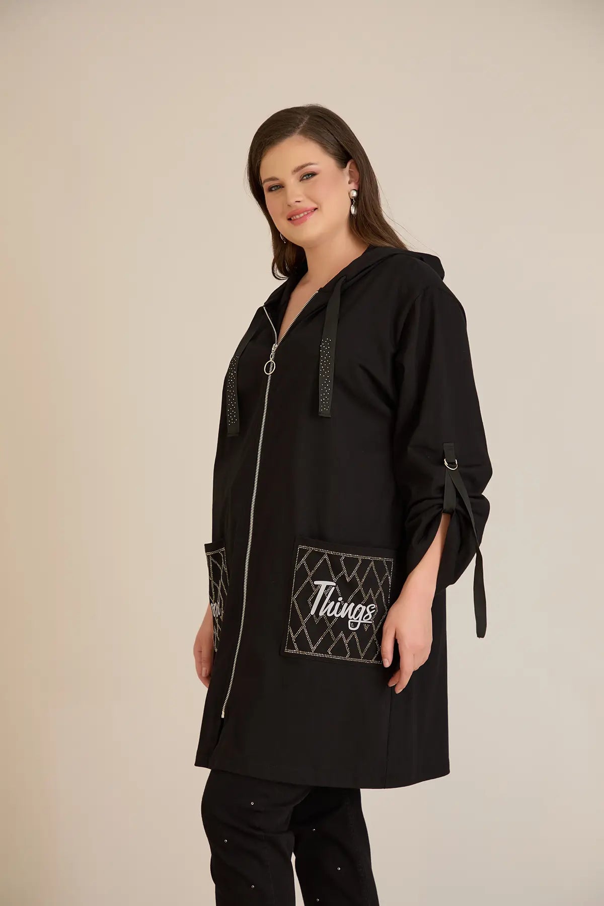 Blazer marime mare din bumbac cu gluga si buzunare Good Things