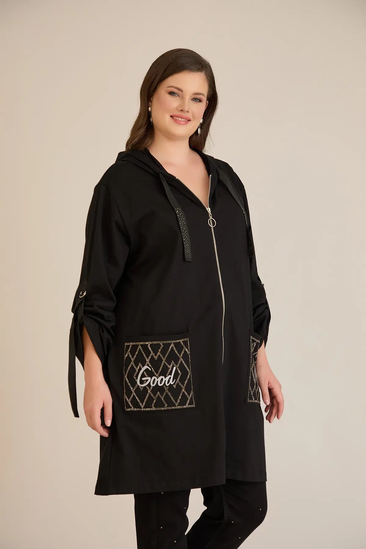Blazer marime mare din bumbac cu gluga si buzunare Good Things