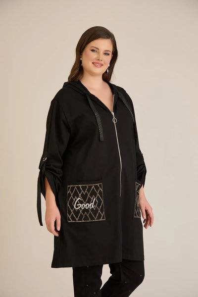 Blazer marime mare din bumbac cu gluga si buzunare Good Things