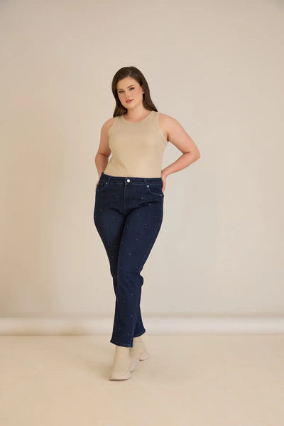 Blugi elastici mărimi mari cu capse – denim
