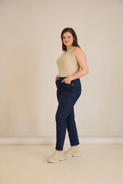Blugi elastici mărimi mari cu capse – denim