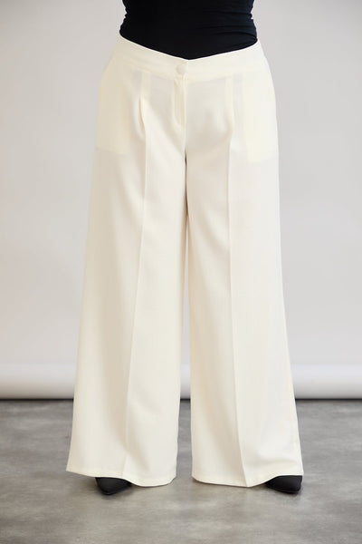 Pantaloni largi marime mare cu talie elastica din in si bumbac - sampanie