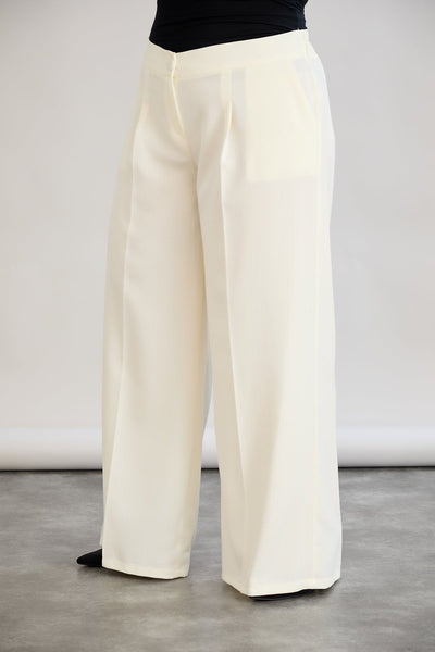 Pantaloni largi marime mare cu talie elastica din in si bumbac - sampanie