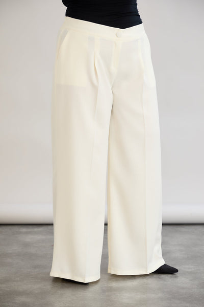 Pantaloni largi marime mare cu talie elastica din in si bumbac - sampanie