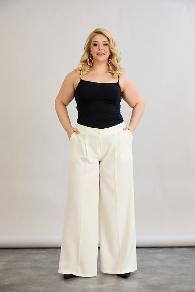 Pantaloni largi marime mare cu talie elastica din in si bumbac - sampanie