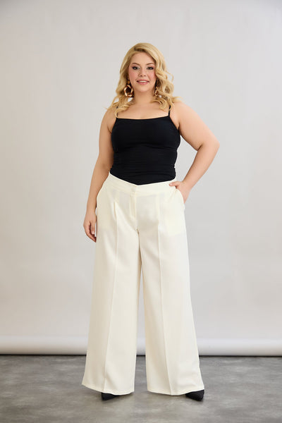 Pantaloni largi marime mare cu talie elastica din in si bumbac - sampanie