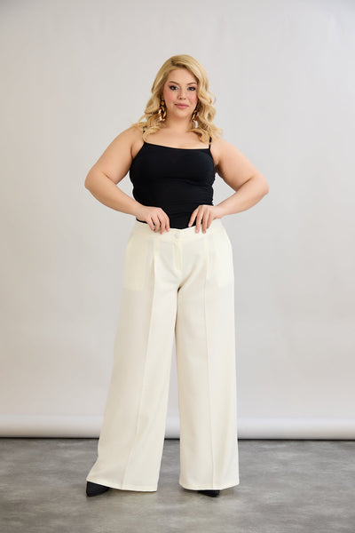 Pantaloni largi marime mare cu talie elastica din in si bumbac - sampanie