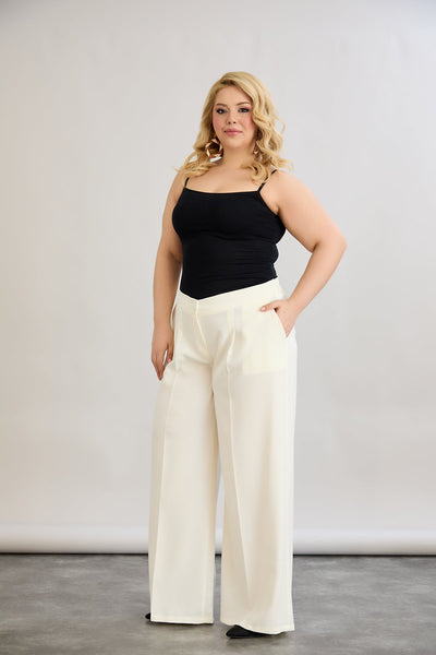Pantaloni largi marime mare cu talie elastica din in si bumbac - sampanie