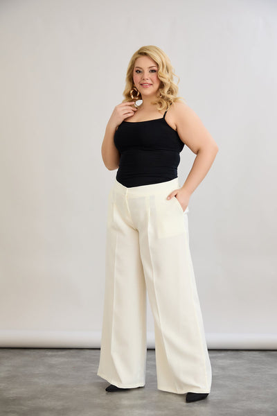 Pantaloni largi marime mare cu talie elastica din in si bumbac - sampanie