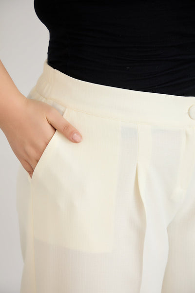 Pantaloni largi marime mare cu talie elastica din in si bumbac - sampanie
